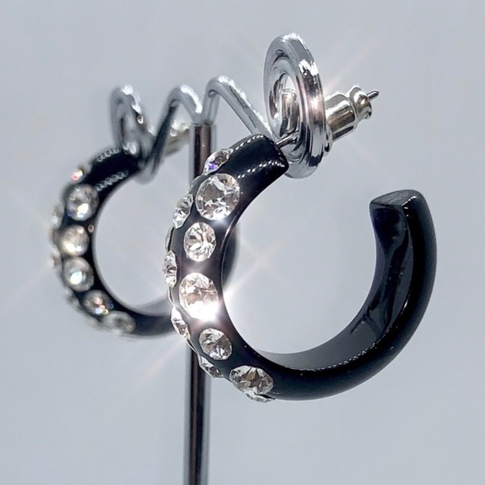 Small Acrylic Hoop Earrings, Crystal Embellished, Hypoallergenic, Black Hoops